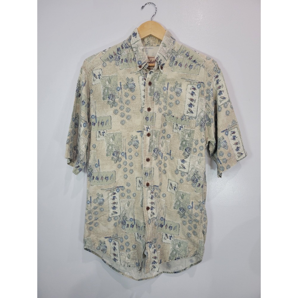 Woolrich Original Mens Medium Short Sleeve Button Up Shirt Fishing Print Beige